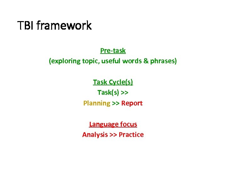 TBI framework Pre-task (exploring topic, useful words & phrases) Task Cycle(s) Task(s) >> Planning