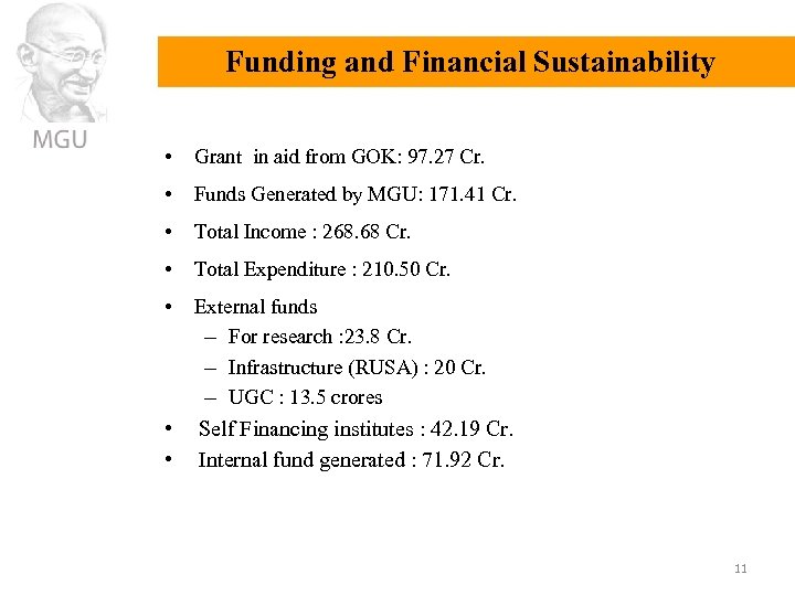 Funding and Financial Sustainability • Grant in aid from GOK: 97. 27 Cr. •