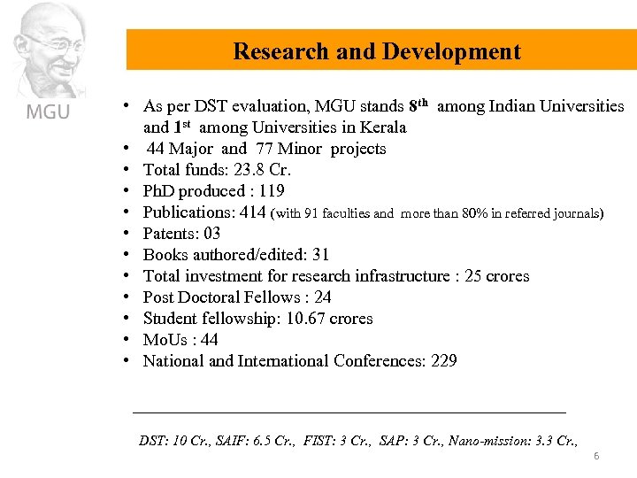 Research and Development • As per DST evaluation, MGU stands 8 th among Indian