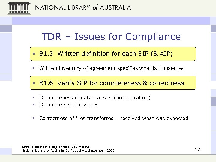 TDR – Issues for Compliance § B 1. 3 Written definition for each SIP