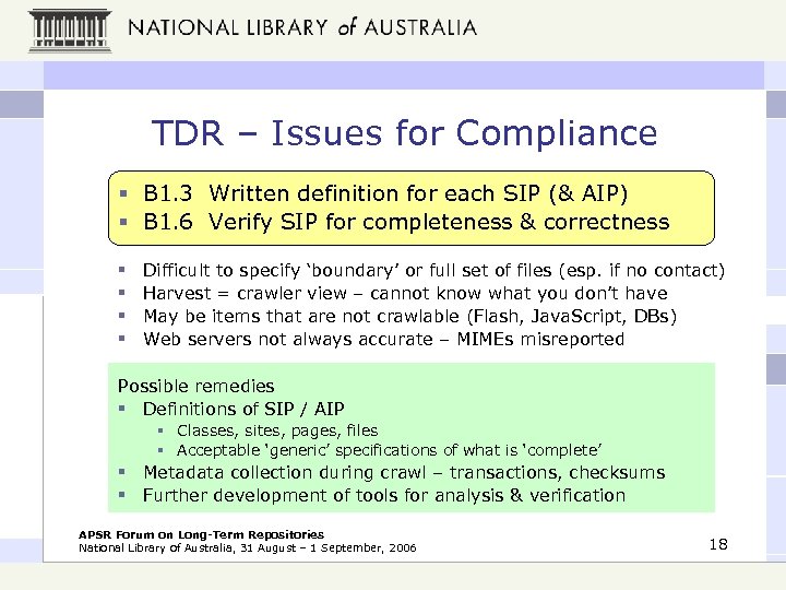 TDR – Issues for Compliance § B 1. 3 Written definition for each SIP