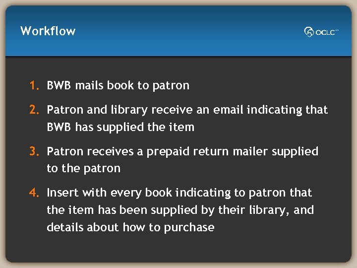 Workflow 1. BWB mails book to patron 2. Patron and library receive an email
