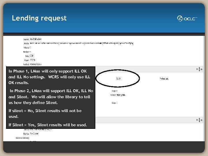 Lending request In Phase 1, LMan will only support ILL OK and ILL No