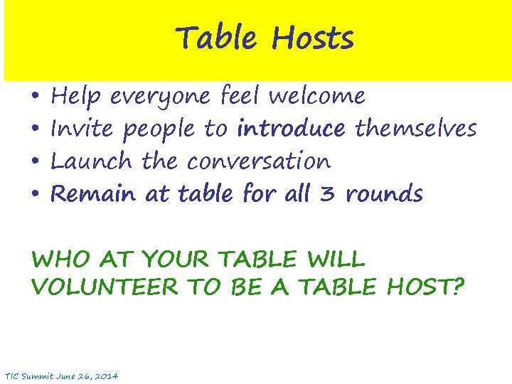 Table Hosts • • Help everyone feel welcome Invite people to introduce themselves Launch