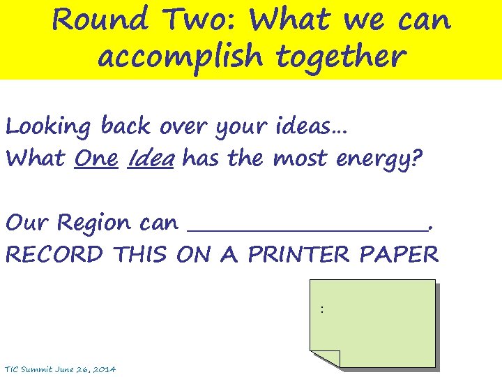 Round Two: What we can accomplish together Looking back over your ideas… What One