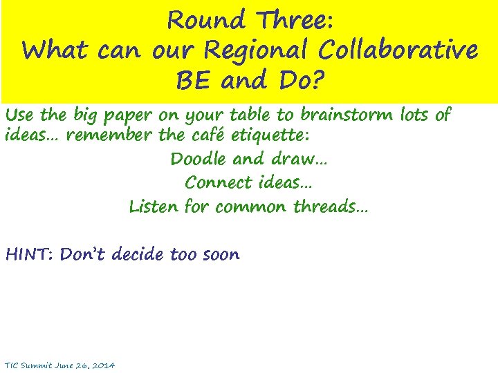 Round Three: What can our Regional Collaborative BE and Do? Use the big paper