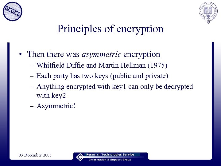 Principles of encryption • Then there was asymmetric encryption – Whitfield Diffie and Martin