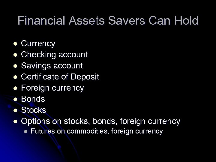 Financial Assets Savers Can Hold l l l l Currency Checking account Savings account