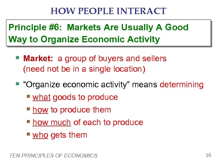 HOW PEOPLE INTERACT Principle #6: Markets Are Usually A Good Way to Organize Economic