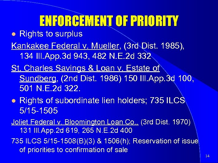 ENFORCEMENT OF PRIORITY Rights to surplus Kankakee Federal v. Mueller, (3 rd Dist. 1985),