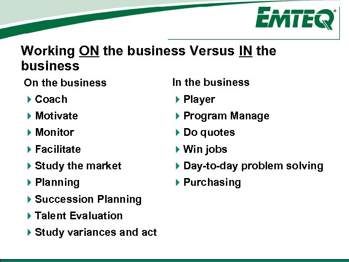 Working ON the business Versus IN the business On the business In the business