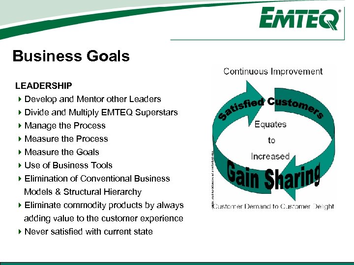 Business Goals LEADERSHIP 4 Develop and Mentor other Leaders 4 Divide and Multiply EMTEQ