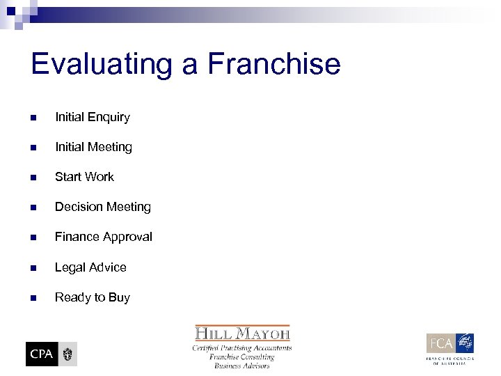 Evaluating a Franchise n Initial Enquiry n Initial Meeting n Start Work n Decision