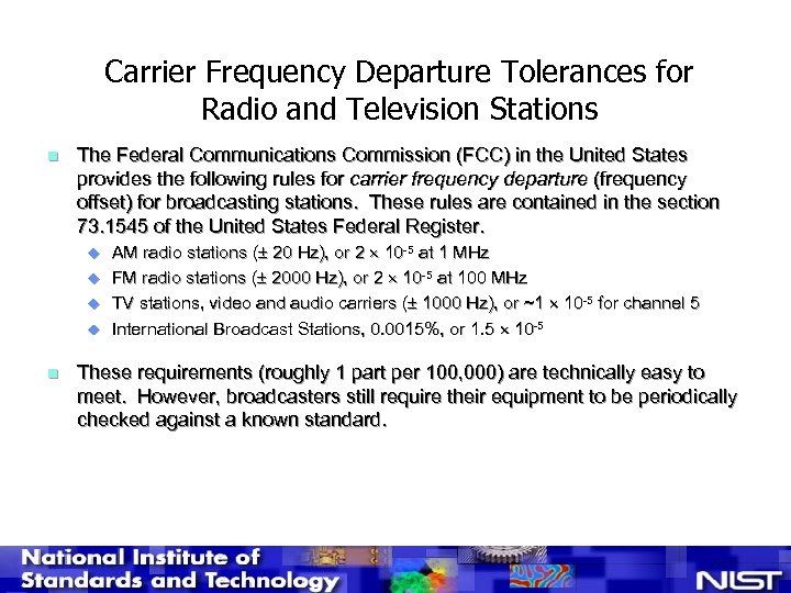 Carrier Frequency Departure Tolerances for Radio and Television Stations n The Federal Communications Commission