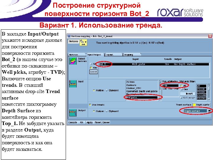 Построение структурной поверхности горизонта Bot_2 Вариант 1. Использование тренда. В закладке Input/Output укажите исходные
