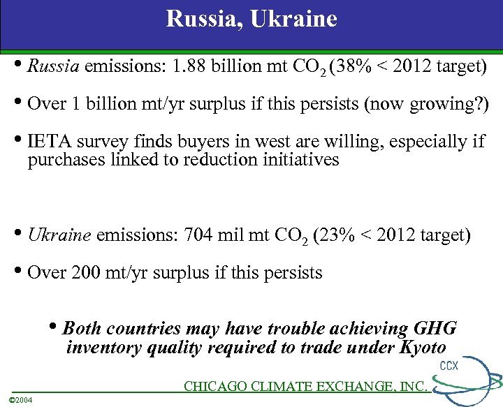 Russia, Ukraine • Russia emissions: 1. 88 billion mt CO 2 (38% < 2012