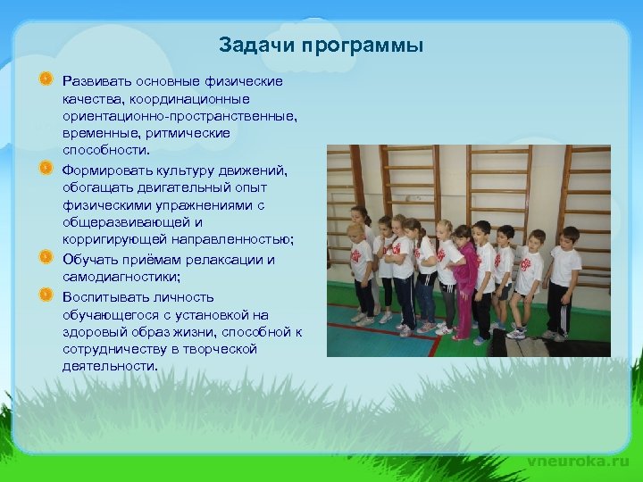 Задачи программы Развивать основные физические качества, координационные ориентационно-пространственные, временные, ритмические способности. Формировать культуру движений,