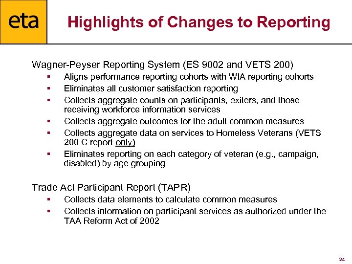 Highlights of Changes to Reporting Wagner-Peyser Reporting System (ES 9002 and VETS 200) §