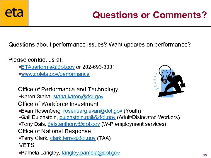 Questions or Comments? Questions about performance issues? Want updates on performance? Please contact us