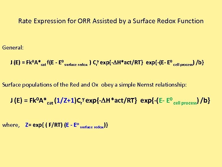 Rate Expression for ORR Assisted by a Surface Redox Function General: J (E) =