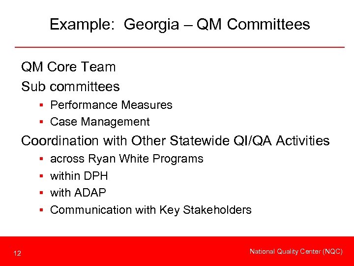 Example: Georgia – QM Committees QM Core Team Sub committees § Performance Measures §