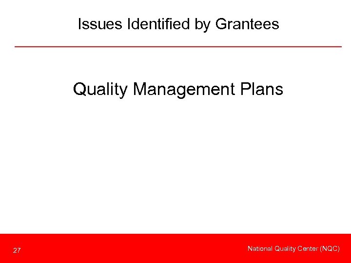 Issues Identified by Grantees Quality Management Plans 27 National Quality Center (NQC) 