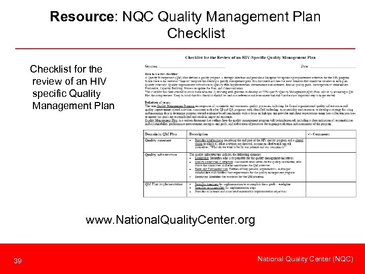 Resource: NQC Quality Management Plan Checklist for the review of an HIV specific Quality