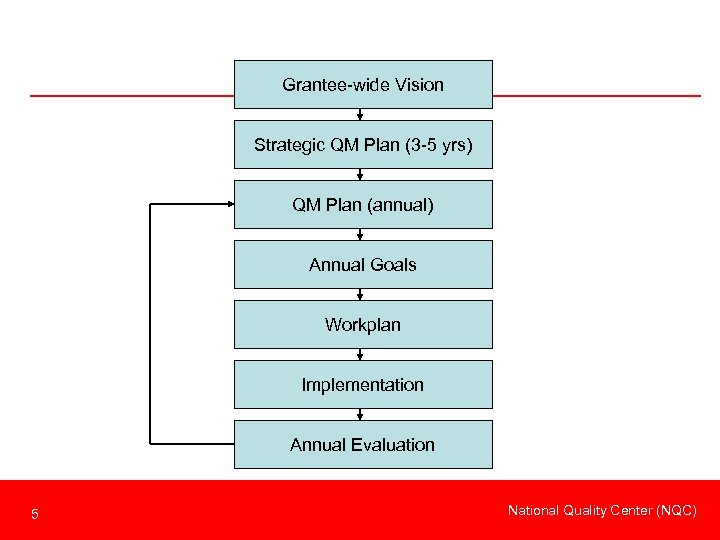 Grantee-wide Vision Strategic QM Plan (3 -5 yrs) QM Plan (annual) Annual Goals Workplan