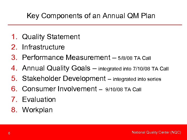 Key Components of an Annual QM Plan 1. 2. 3. 4. 5. 6. 7.