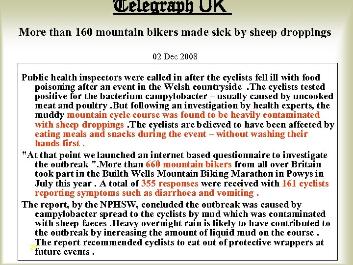 Telegraph UK More than 160 mountain bikers made sick by sheep droppings 02 Dec