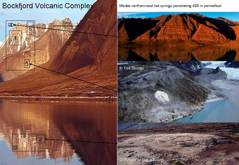 Bockfjord Volcanic Complex Worlds northernmost hot springs penetrating 400 m permafrost 4) Jotun Springs