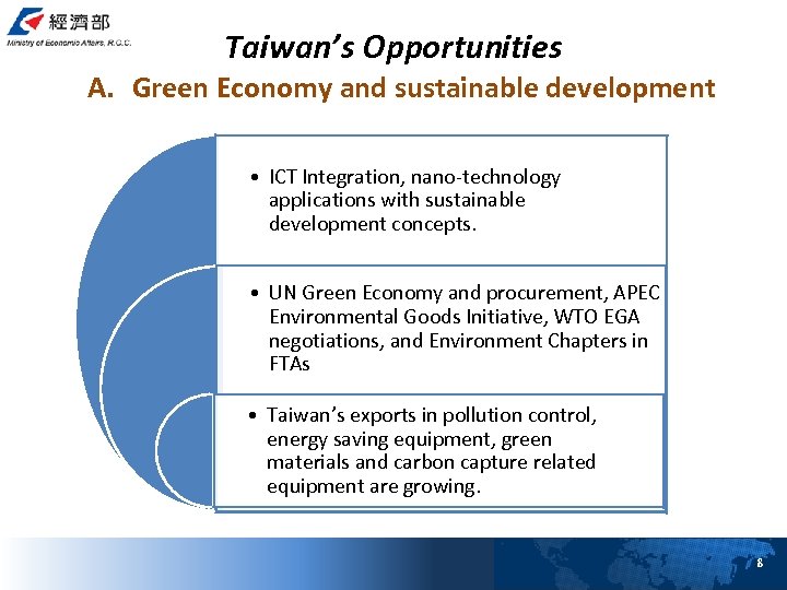 Taiwan’s Opportunities A. Green Economy and sustainable development • ICT Integration, nano-technology applications with