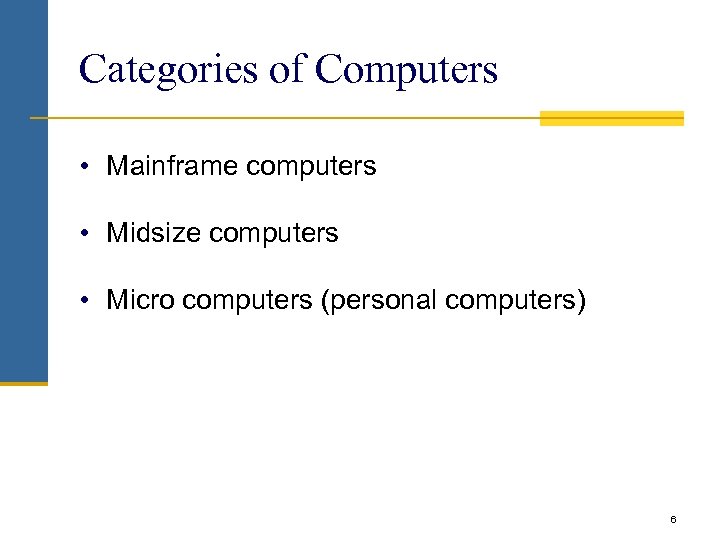 Categories of Computers • Mainframe computers • Midsize computers • Micro computers (personal computers)