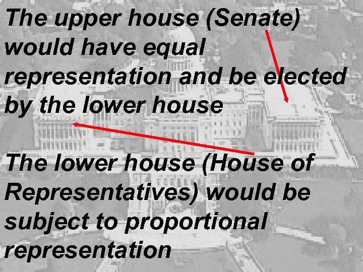 The upper house (Senate) would have equal representation and be elected by the lower