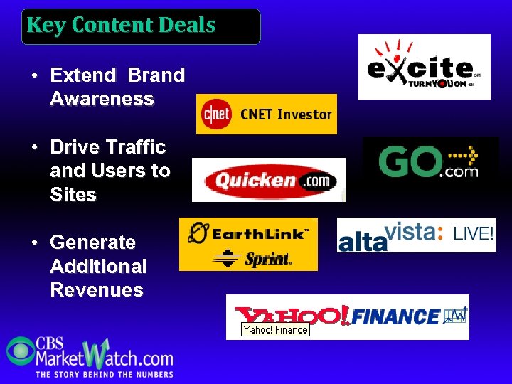 Key Content Deals • Extend Brand Awareness • Drive Traffic and Users to Sites