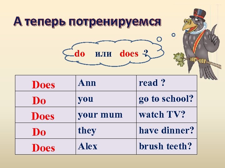 А теперь потренируемся do Does Do Does или does ? Ann read ? you