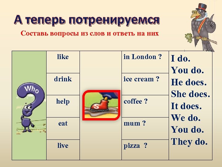 А теперь потренируемся Составь вопросы из слов и ответь на них like in London