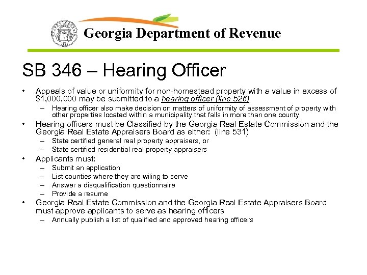 Georgia Department of Revenue SB 346 – Hearing Officer • Appeals of value or