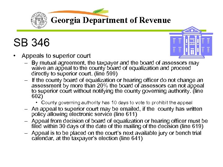 Georgia Department of Revenue SB 346 • Appeals to superior court – By mutual