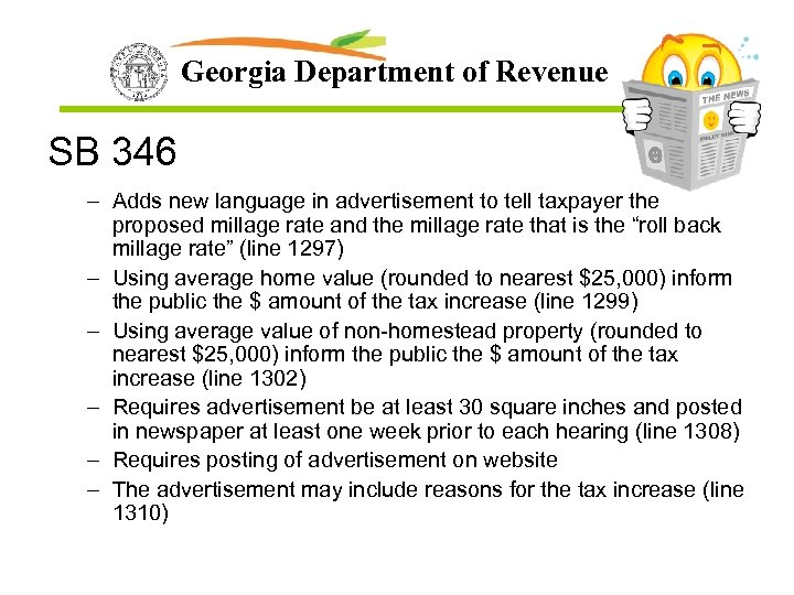 Georgia Department of Revenue SB 346 – Adds new language in advertisement to tell