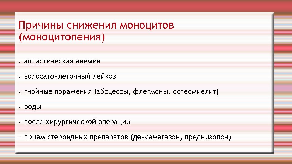 Причины снижения моноцитов (моноцитопения) • апластическая анемия • волосатоклеточный лейкоз • гнойные поражения (абсцессы,