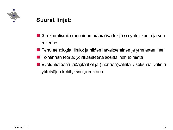 Suuret linjat: n Strukturalismi: olennainen määräävä tekijä on yhteiskunta ja sen rakenne n Fenomenologia: