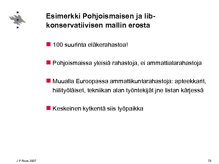 Esimerkki Pohjoismaisen ja libkonservatiivisen mallin erosta n 100 suurinta eläkerahastoa! n Pohjoismaissa yleisiä rahastoja,