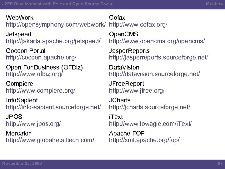 J 2 EE Development with Free and Open Source Tools Mulders Web. Work Cofax