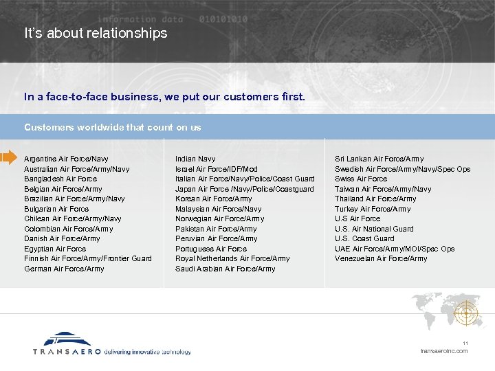 It’s about relationships In a face-to-face business, we put our customers first. Customers worldwide