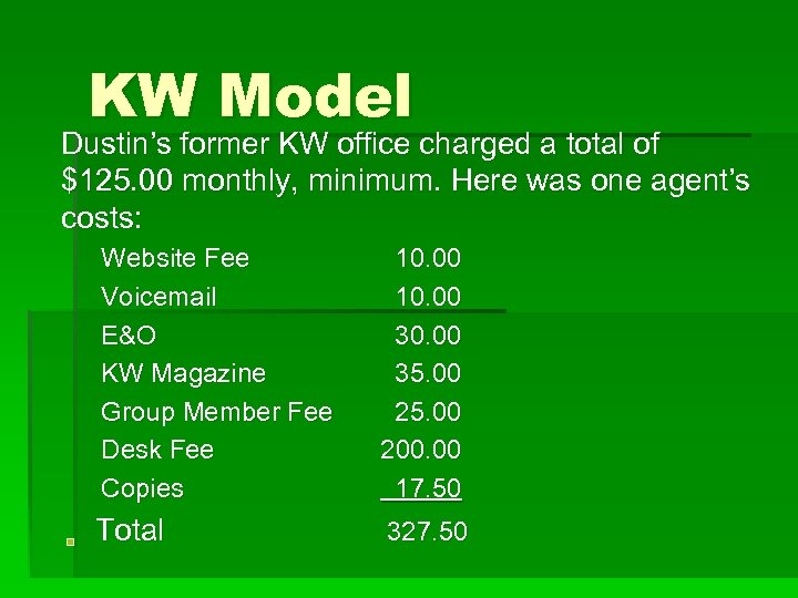 KW Model Dustin’s former KW office charged a total of $125. 00 monthly, minimum.