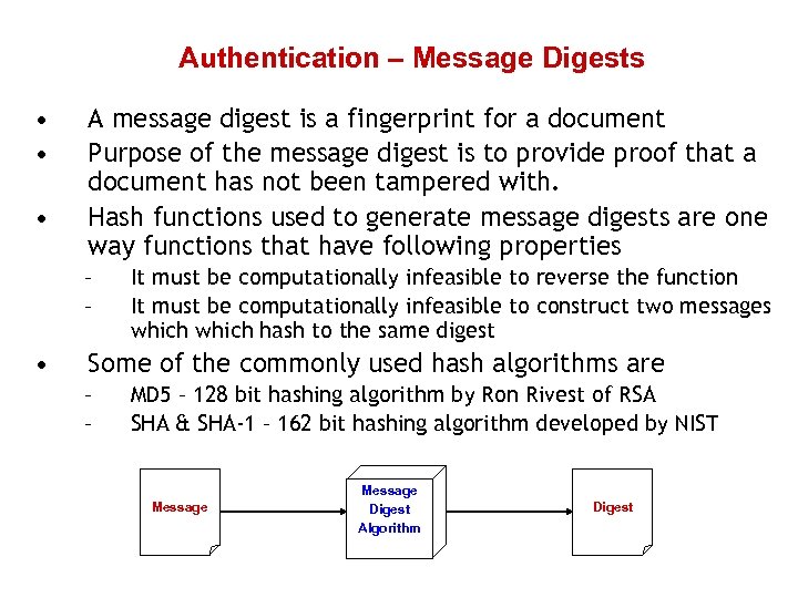 Authentication – Message Digests • • • A message digest is a fingerprint for