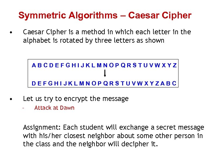 Symmetric Algorithms – Caesar Cipher • Caesar Cipher is a method in which each