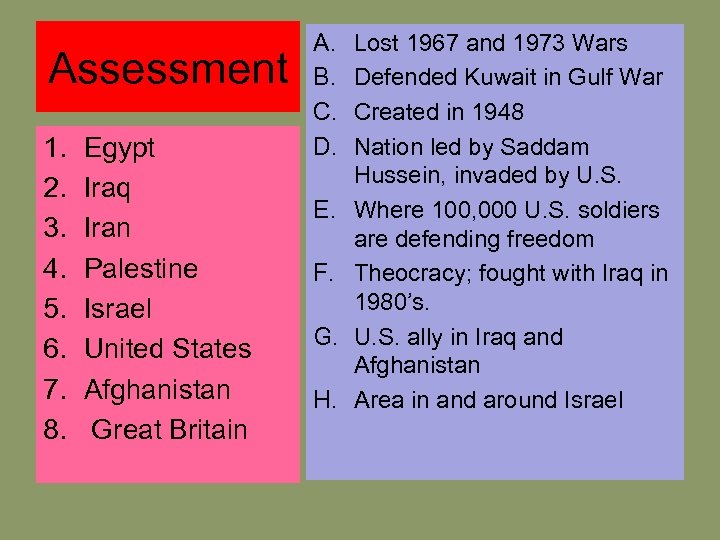 Assessment 1. 2. 3. 4. 5. 6. 7. 8. Egypt Iraq Iran Palestine Israel