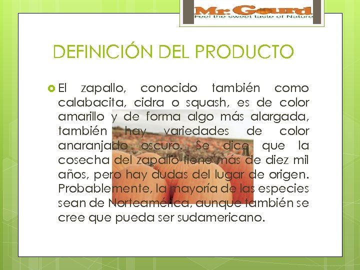 DEFINICIÓN DEL PRODUCTO El zapallo, conocido también como calabacita, cidra o squash, es de